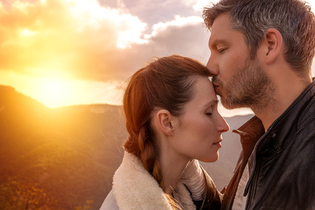 romantic couple on mountains travelの写真素材