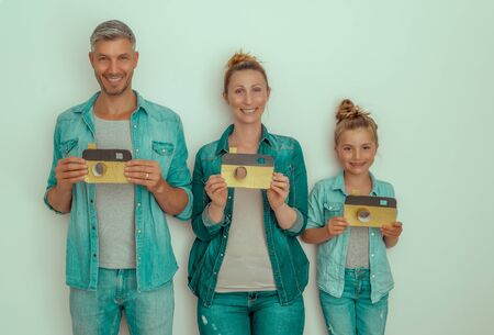 family making selfie together with creative cameraの写真素材