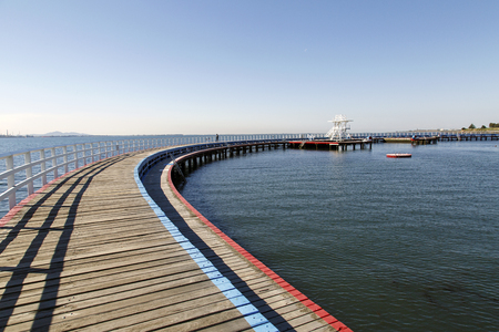 Geelong, Australia: April 03, 2017: Eastern Beach Swimming Enclosure on Corio Bay opened in the 1930's is a protected seawater swimming pool with lifeguards, children's area and a shark gateのeditorial素材