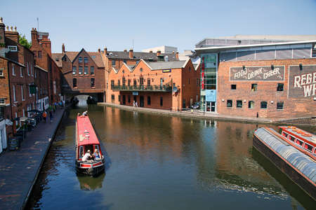 Birmingham, UK: June 29, 2018: Regency Wharf at Gas Street Basin. The restored canal system in Birmingham central is a national heritage landmark and where the Worcester and Birmingham canals meet.のeditorial素材