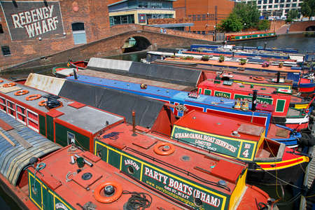 Birmingham, UK: June 29, 2018: Regency Wharf at Gas Street Basin. The restored canal system in Birmingham central is a national heritage landmark and where the Worcester and Birmingham canals meet.のeditorial素材
