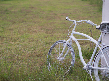 abandoned white bicycle on the large meadowの写真素材