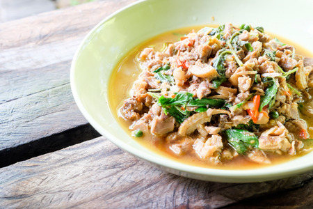 thai spicy food stir fried duck with basilの写真素材