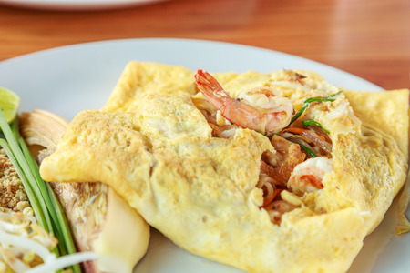 Pad Thai, stir-fried rice noodles with shrimp and wrap eggs, Thai foodsの写真素材