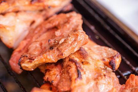 Pork chop grilled steaks delicious toasted cooking, close upの写真素材