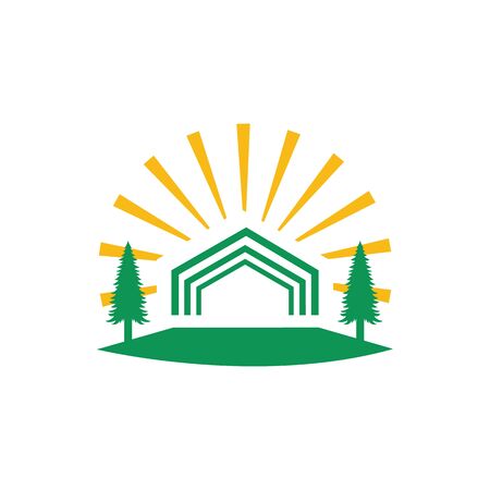 Organic farm logo design. agricultural landscape icon sky sun field grass for environmental emblem.のイラスト素材