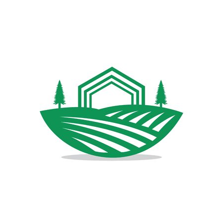 Organic farm logo design. agricultural landscape icon sky sun field grass for environmental emblem.のイラスト素材
