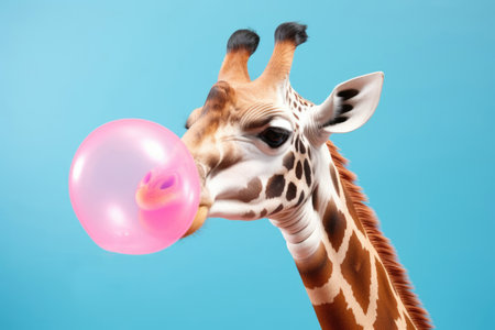 portrait of a beautiful giraffe inflating a pink bubble from chewing gum, on a blue background. Giraffe with pink balloon on blue background.の素材