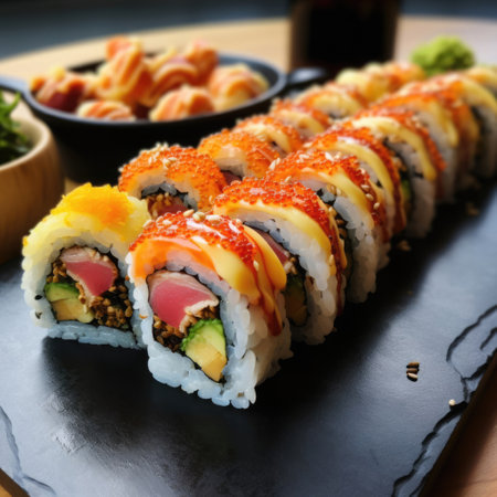 Sushi rolls on a black plate, close-up, horizontalの素材