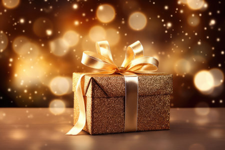 Gift box with golden bow on bokeh lights background.の素材