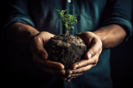 Hands holding young green plant in soil. Ecology and environment conceptの素材