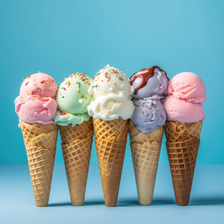 Ice cream cones with different flavors on blue background. Minimal style.の素材