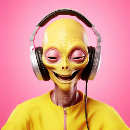 portrait of a alien with headphones on a pink backgroundの素材