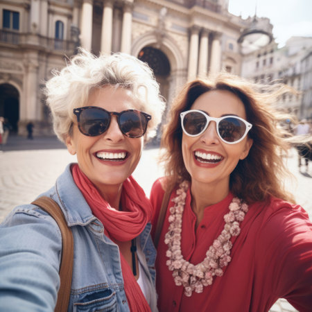 Portrait of two smiling women in sunglasses taking selfie in the cityの素材