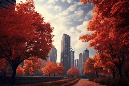 Autumn city park with red maple trees and modern skyscrapersの素材