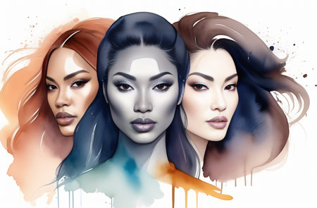 Portrait of three beautiful women with different hairstyles and makeup.の素材