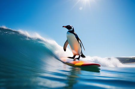 Penguin on surfboard in ocean. 3D illustration.の素材