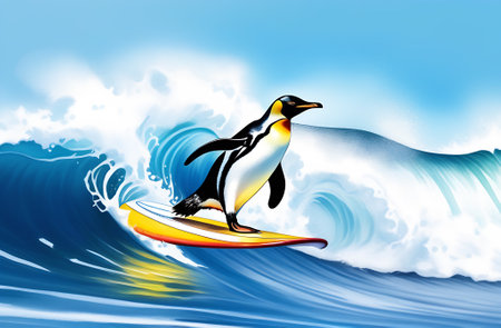 Penguin surfing on the wave with surfboard, vector illustrationの素材