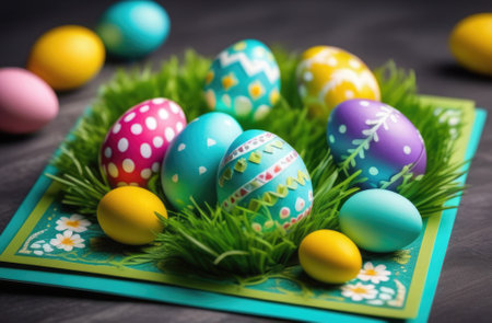Colorful easter eggs on green grass on wooden background. Happy Easter!の素材