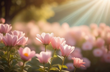 pink flowers in the garden with sun light flare - vintage filterの素材