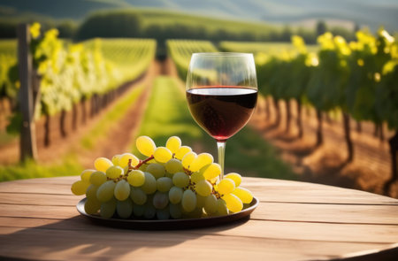 Wine glass and grapes on vineyardの素材