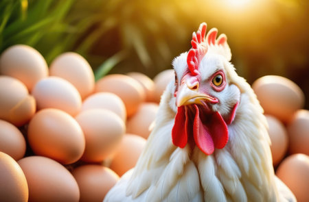 White hen with eggs on the farm. Selective focus. nature.の素材