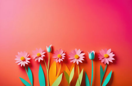 Paper Flowers on pink background with copy space, flat lay, top viewの素材