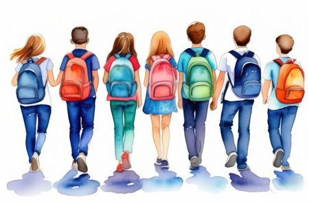 Back view of a group of students with backpacks. Watercolor illustrationの素材