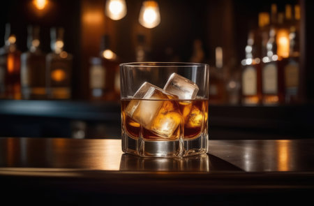 Whiskey on the rocks with ice in a glass on a bar counterの素材