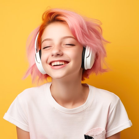 Young girl with pink hair and headphones listening to music on yellow backgroundの素材