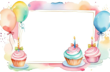 Birthday frame with cupcakes and balloons. Watercolor illustration.の素材