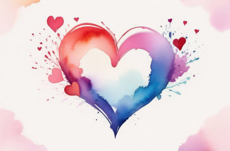 Watercolor valentines day background with heart and watercolor splashesの素材