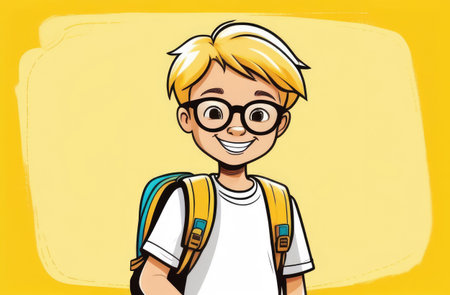 Cartoon boy with backpack on a yellow background. illustration.の素材