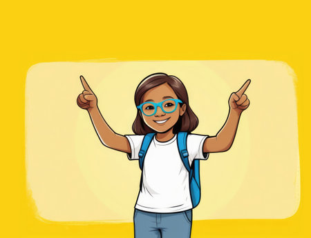 illustration of a girl in a white T-shirt and blue jeans with a backpack on a yellow backgroundの素材