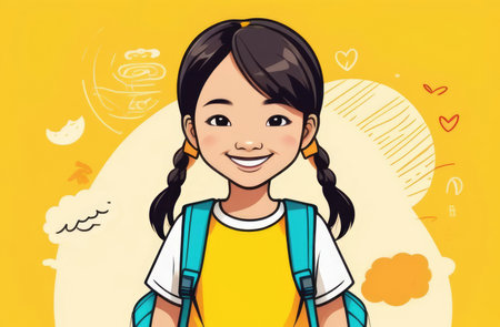 Cute Asian girl with backpack on yellow background. illustration.の素材