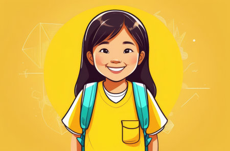 Smiling asian girl with school bag on yellow background. illustration.の素材