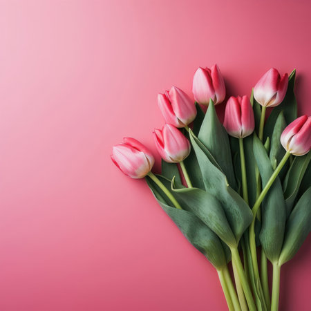 Bouquet of pink tulips on a pink background with copy spaceの素材
