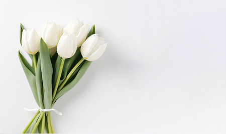 Bouquet of white tulips on a white background. Flat lay, top view.の素材