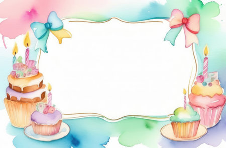 Birthday cupcake frame with space for your text, watercolor backgroundの素材
