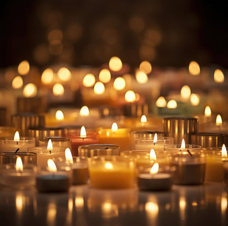 Burning candles with shallow depth of field and bokeh backgroundの素材