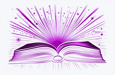 Open book with rays and stars on white background. illustration.の素材