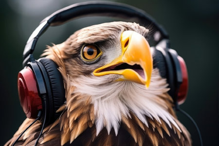 Close up portrait of a beautiful eagle listening to music with headphones.の素材