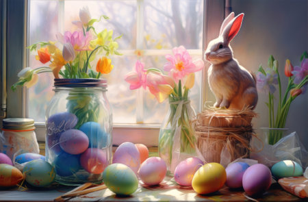 Easter bunny and easter eggs on windowsill with tulipsの素材