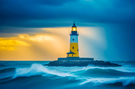 Stormy sea and lighthouse at sunset time. Beautiful natural background.の素材