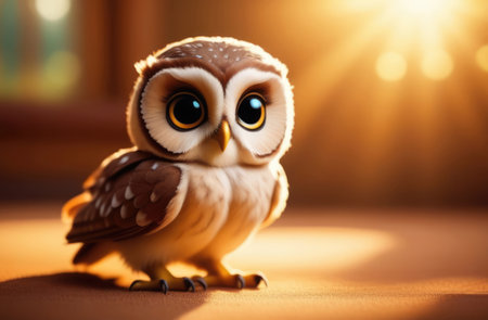 Owl with big eyes on the background of the rays of the sunの素材