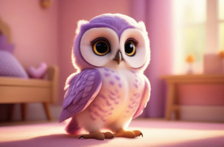 Cute owl sitting on bed at home, soft focus background.の素材