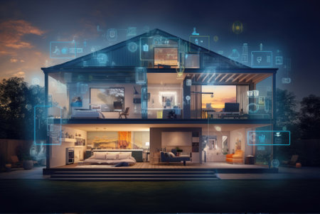 Digital composite of smart House with network interface In the eveningの素材