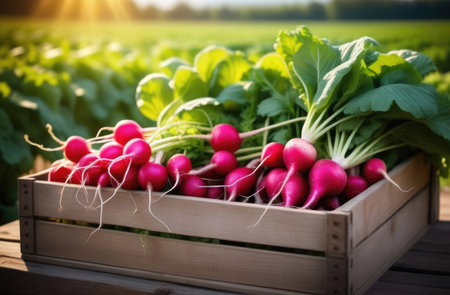 Strawberries in a wooden box on the background of the fieldの素材