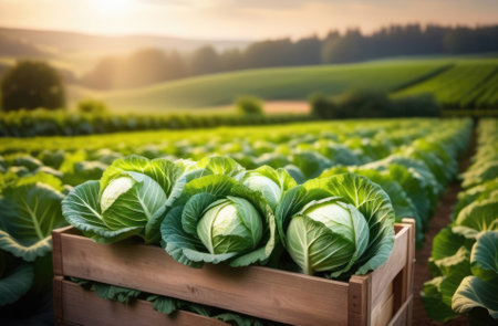 Bunch of fresh radishes in a wooden box on a field backgroundの素材