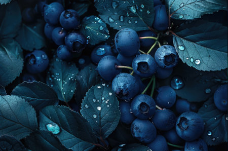 Fresh blueberries with water drops on green leaves. Toned.の素材